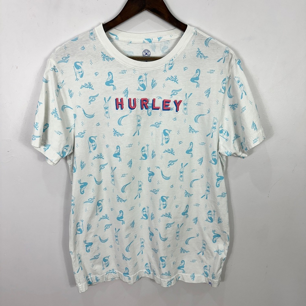 Hurley Graphic T-Shirt Mens Medium White Mermaid All Over Print Surf Beach Tee